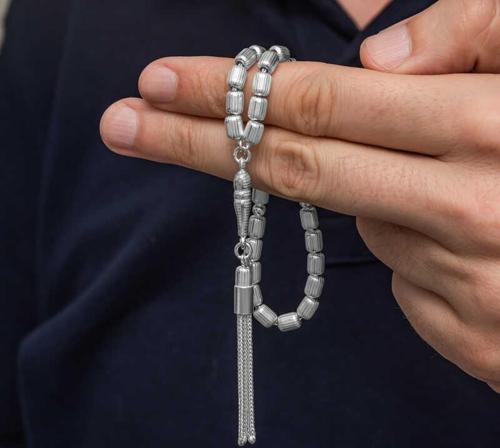 Gümüş Kapsül Kesim Çizgili Erkek Tesbih SL12614