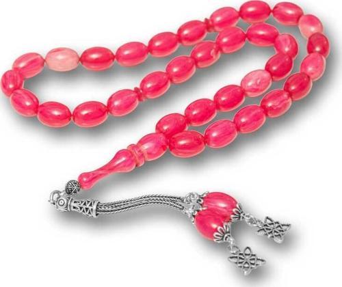 Gümüş Püsküllü Pembe Sıkma Kehribar Tesbih SL12596
