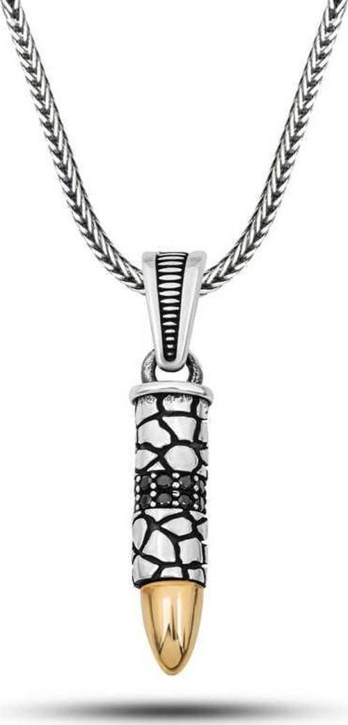 Gümüş Siyah Zirkon Taşlı Mermi Erkek Kolye SL12605
