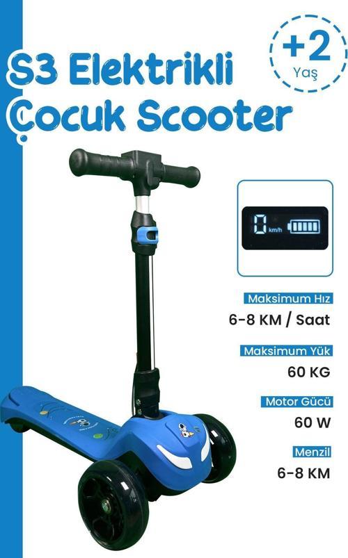 Led Işıklı Hoparlörlü 3 Tekerlekli Yükseklik Ayarlı Elektrikli Scooter - 60W