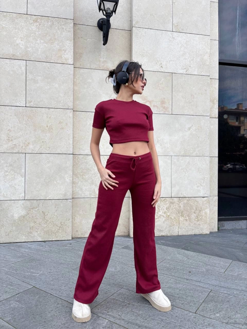 Basic Düz Croptop Regular Kesim %100 Pamuk Fitilli Bol Paça Eşofman Büstiyer Takım - Bordo