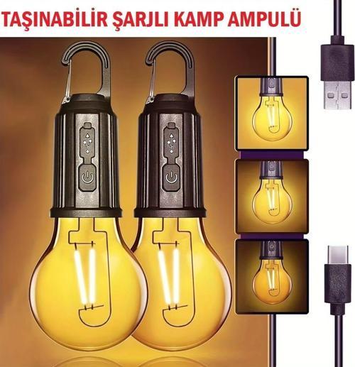 Taşınabilir Askılı 3 Farklı Işık Şiddeti Ayarlanabilen Type-C Şarj Girişli LED Kamp ve Bahçe Ampulü