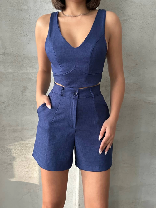 Saks Mavisi Şortlu Yüksek Bel Şortlu Büstiyerli Keten 2'li Takım