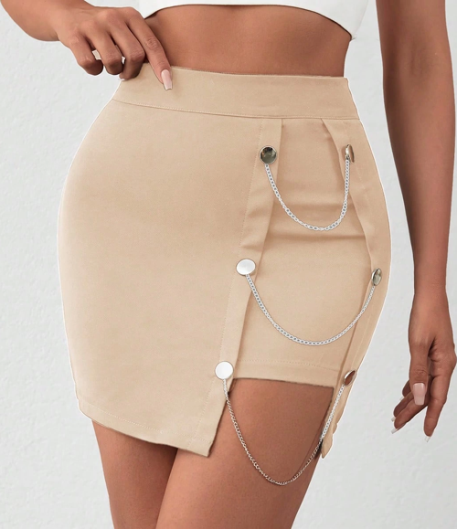 Yandan Zincirli Bej Renk Slim Fit Yüksek Bel Mini Tasarım Şort Etek