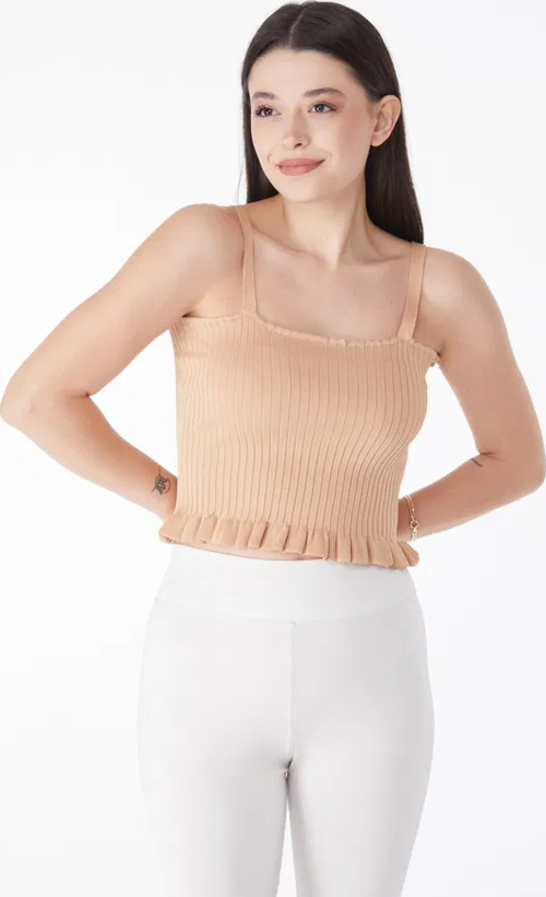 Yazlık İnce Askılı Bej Eteği Volanlı Triko Croptop/Büstiyer