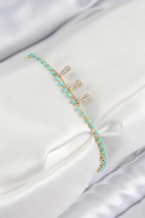 Pirinç Zirkon Taşlı Mavi Boncuklu Model Gold Renk Kadın Bileklik
