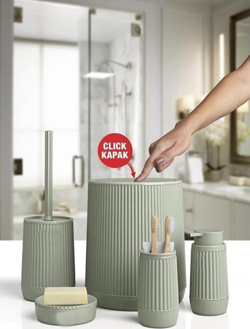Banyo Seti Plastik Yeşil Renk 5 Parça Akıllı Çöp Kovası