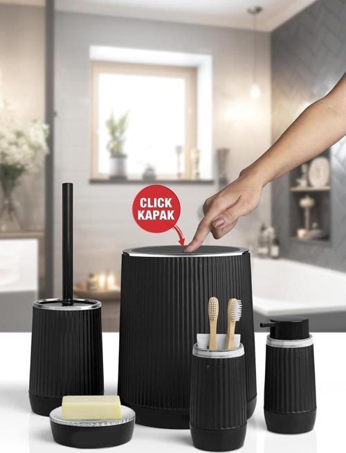 Banyo Seti Plastik Siyah Renk 5 Parça Akıllı Çöp Kovası