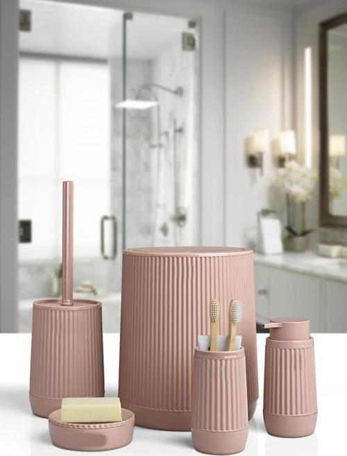 Banyo Seti Plastik Pudra Renk 5 Parça Akıllı Çöp Kovası