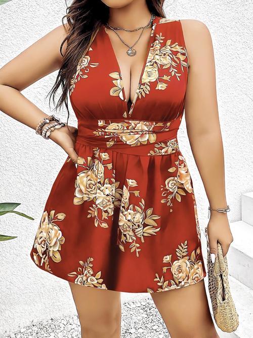 Aria's Closet Büyük Beden Kahverengi Üstüne Çiçek Desenli Sırt Detaylı Elbise