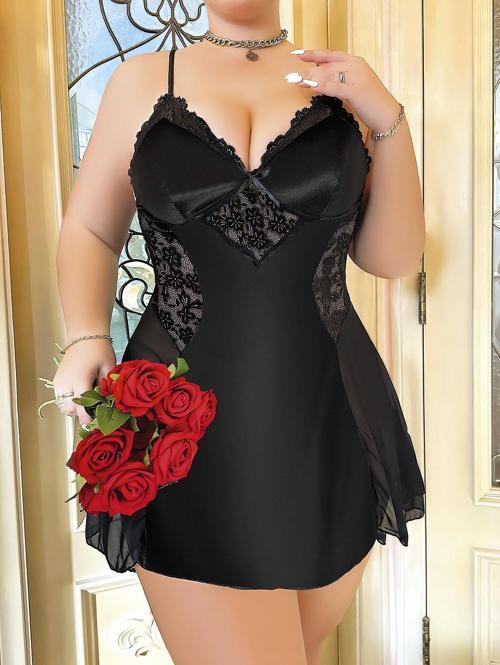 Aria's Closet Büyük Beden Siyah Dantel İşlemeli İnce Askılı Saten Gecelik