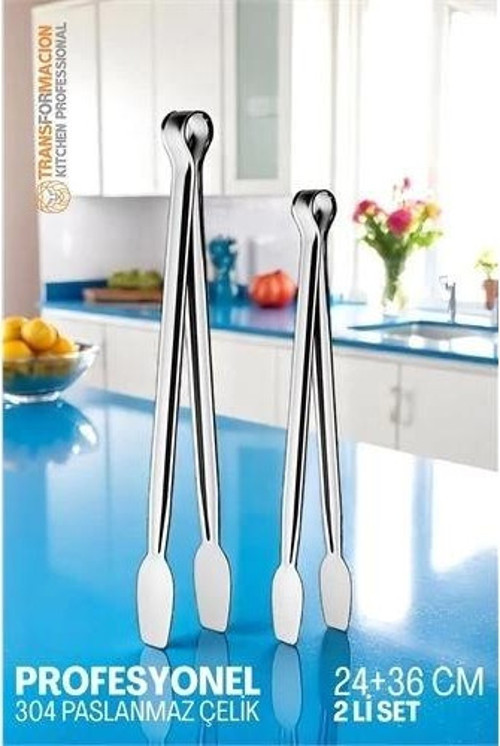 2 Boy Mutfak Maşası - Mangal Barbekü Maşası - Izgara Maşası Tava Maşası Çelik 18 ve 36 Cm