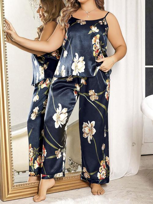 Aria's Closet Büyük Beden Mavi Üstüne Çiçek Desenli İnce Askılı 2'li Saten Pijama Takımı