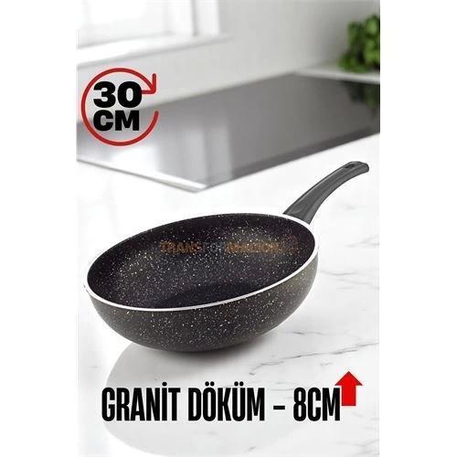 Granit Döküm 8 Cm Derin Wok Tava - Yapışmaz Wok Tava -  30 Cm