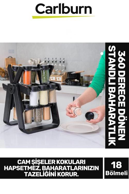 Özel Tasarım Dayanıklı Mutfak 360 Derece Dönen Standlı 18 Adet 100ml Cam Baharatlık 34x26x23 cm