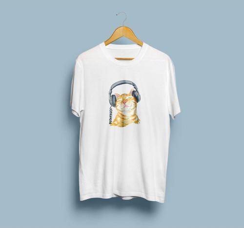 Oversize Müzik Dinleyen Kedi Tasarım Unisex T-shirt