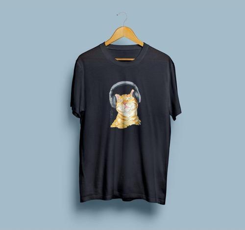 Oversize Müzik Dinleyen Kedi Tasarım Unisex T-shirt