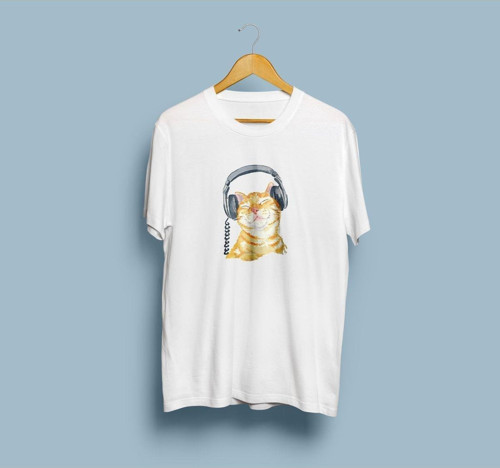 Oversize Müzik Dinleyen Kedi Tasarım Unisex T-shirt