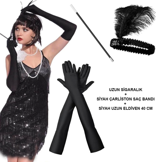 192039ler Gatsby Aksesuar Seti – Siyah Charleston Saç Bandı, Uzun Eldiven Lık