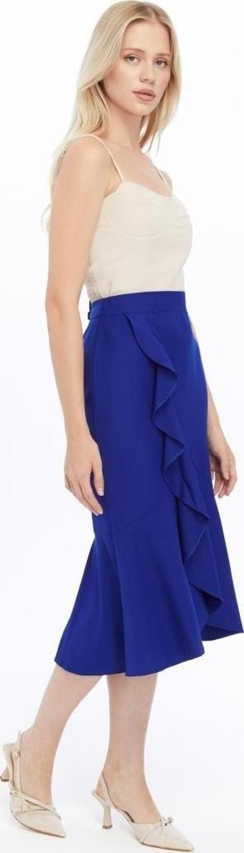 Kadın Saks Mevsimlik Volanlı Midi Boy Krep Etek 2123/80