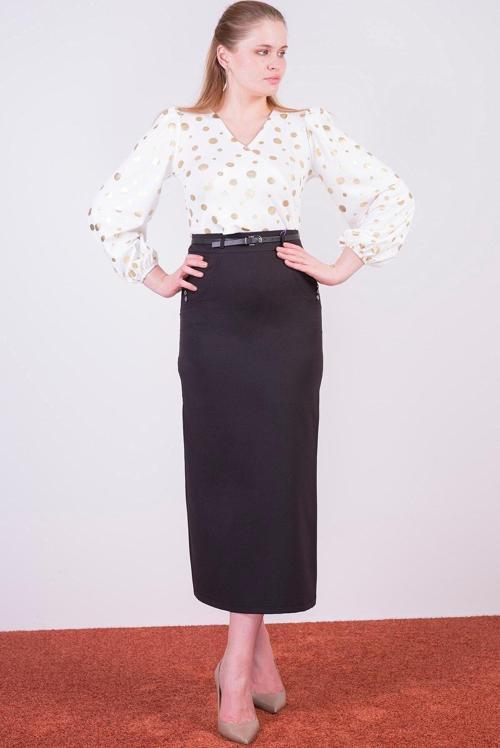 Kadın Kemerli Süs Cep Detaylı Mevsimlik Uzun Kalem Etek 2090/95