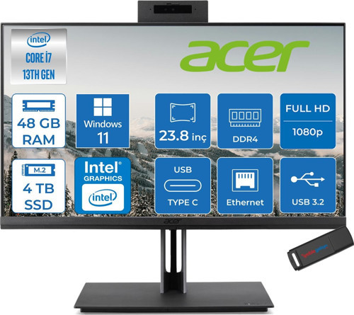 Veriton 4000 VZ4714GT Intel Core I7 13700 48GB Ram 4tb SSD Windows 11 Pro UHD Graphics 23.8" Yükseklik Ayarı, Pivot, Vesa Desteği Fullhd All In One Bilgisayar DQR03EM00GP30 + Zetta Flash Bellek