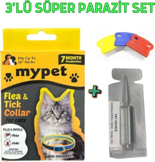 Kedi Parazit Tüy Bakım Bitkisel 3'Lü Set %100 Etki ( Tasma,Damla,Tarak)