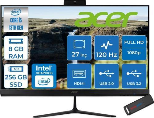 Aspire C27 Intel Core I5 1334U 8gb Ram 256GB SSD Freedos UHD Graphics 27" Fullhd IPS 120Hz Siyah All In One Bilgisayar DQBNHEM001F01 + Zetta Flash Bellek