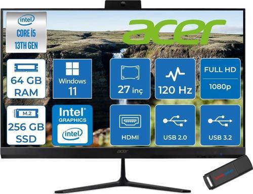 Aspire C27 Intel Core I5 1334U 64GB Ram 256GB SSD Windows 11 Home Iris® Xe Graphics 27" Fullhd IPS 120Hz Siyah All In One Bilgisayar DQBNHEM001H31 + Zetta Flash Bellek