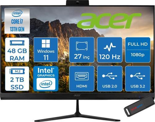 Aspire C27 Intel Core I7-1355U 48GB Ram 2tb SSD Windows 11 Pro Iris® Xe Graphics 27" Fullhd IPS 120Hz Siyah All In One Bilgisayar DQBMREM003P29 + Zetta Flash Bellek