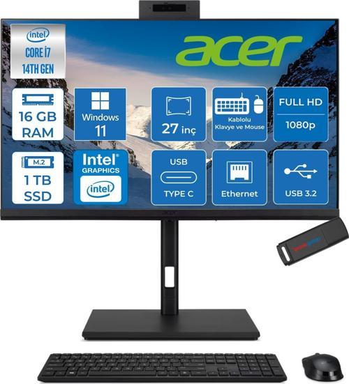 Veriton 4000 VZ4727GT Intel Core I7 14700 16GB Ram 1tb SSD Windows 11 Pro UHD Graphics 27" Yükseklik Ayarı, Pivot, Vesa Desteği Fullhd All In One Bilgisayar DQR23EM003P03 + Zetta Flash Bellek