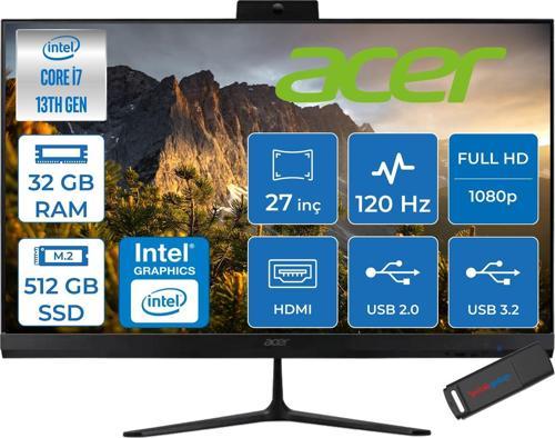 Aspire C27 Intel Core I7-1355U 32GB Ram 512GB SSD Freedos Iris® Xe Graphics 27" Fullhd IPS 120Hz Siyah All In One Bilgisayar DQBMREM003F17 + Zetta Flash Bellek
