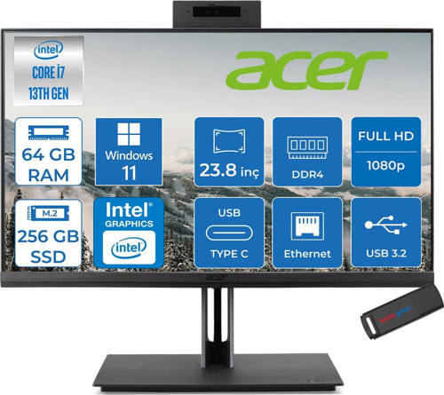 Veriton 4000 VZ4714GT Intel Core I7 13700 64GB Ram 256GB SSD Windows 11 Home UHD Graphics 23.8" Yükseklik Ayarı, Pivot, Vesa Desteği Fullhd DQR03EM00GH31 + Zetta Flash Bellek