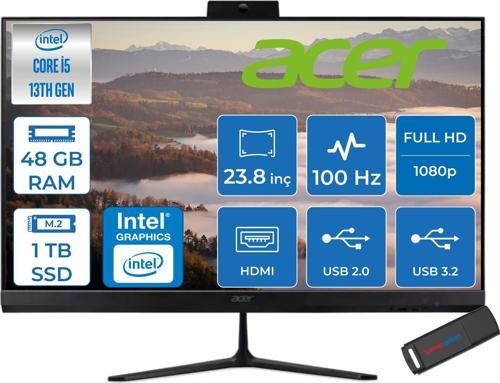 Aspire C24 Intel Core I5 1334U 48GB Ram 1tb SSD Freedos Iris® Xe Graphics 23.8" Fullhd IPS 100Hz Siyah All In One Bilgisayar DQBN1EM001F28 + Zetta Flash Bellek