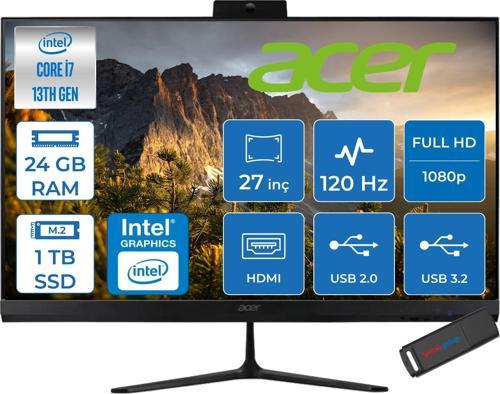 Aspire C27 Intel Core I7-1355U 24GB Ram 1tb SSD Freedos Iris® Xe Graphics 27" Fullhd IPS 120Hz Siyah All In One Bilgisayar DQBMREM003F13 + Zetta Flash Bellek