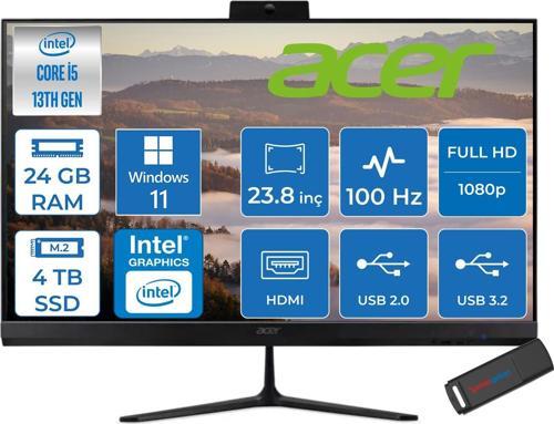 Aspire C24 Intel Core I5 1334U 24GB Ram 4tb SSD Windows 11 Home Iris® Xe Graphics 23.8" Fullhd IPS 100Hz Siyah All In One Bilgisayar DQBN1EM001H15 + Zetta Flash Bellek