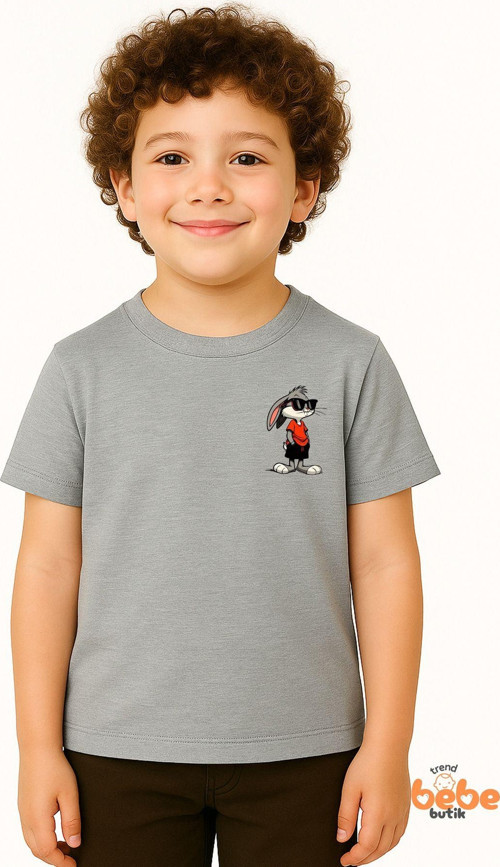 Erkek Çocuk Baskılı Yazlık Tişört – Bunny Karakterli Pamuklu Kısa Kollu T-Shirt 3-14 Yaş