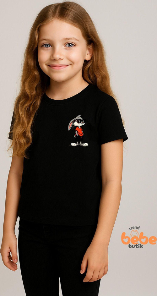 Cool Tavşan Baskılı Kız Çocuk Tişörtü (3-14 Yaş) - Pamuklu , Renk Seçenekli Yazlık Günlük Tshirt