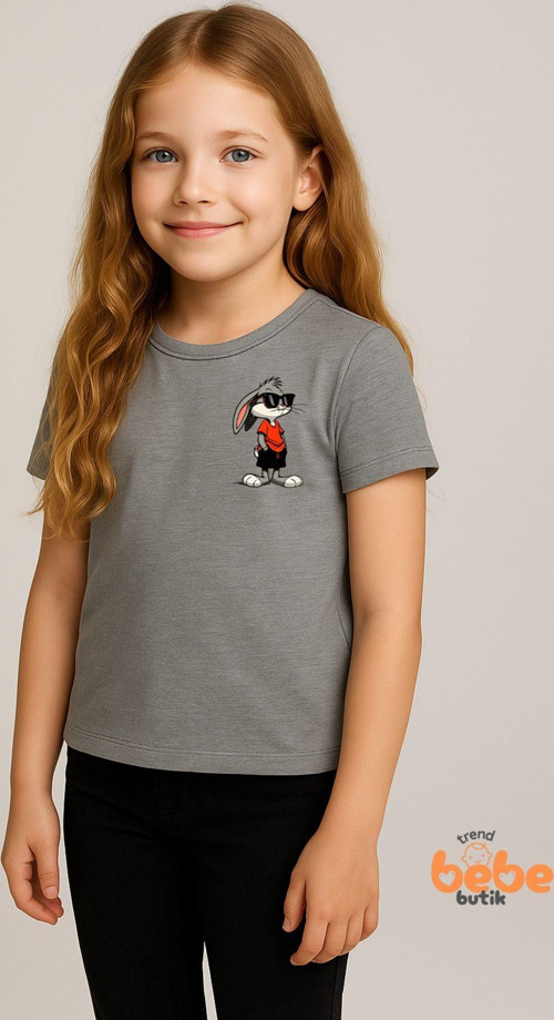 Cool Tavşan Baskılı Kız Çocuk Tişörtü (3-14 Yaş) - Pamuklu , Renk Seçenekli Yazlık Günlük Tshirt