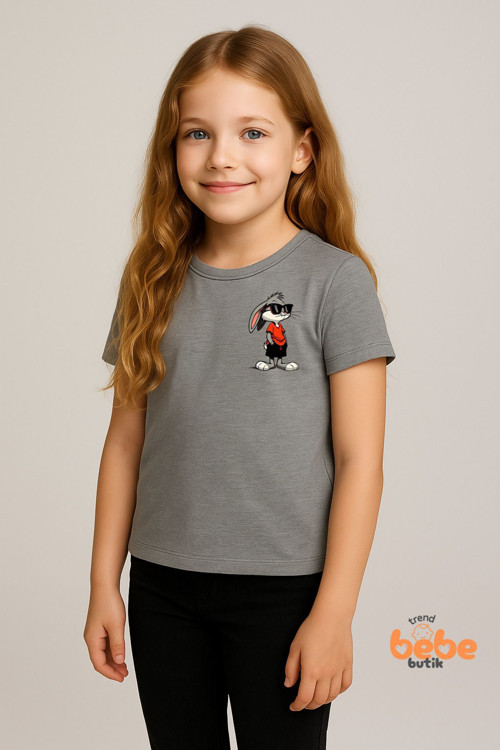 Cool Tavşan Baskılı Kız Çocuk Tişörtü (3-14 Yaş) - Pamuklu , Renk Seçenekli Yazlık Günlük Tshirt