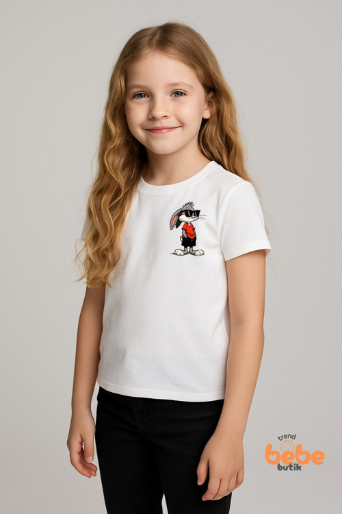 Cool Tavşan Baskılı Kız Çocuk Tişörtü (3-14 Yaş) - Pamuklu , Renk Seçenekli Yazlık Günlük Tshirt