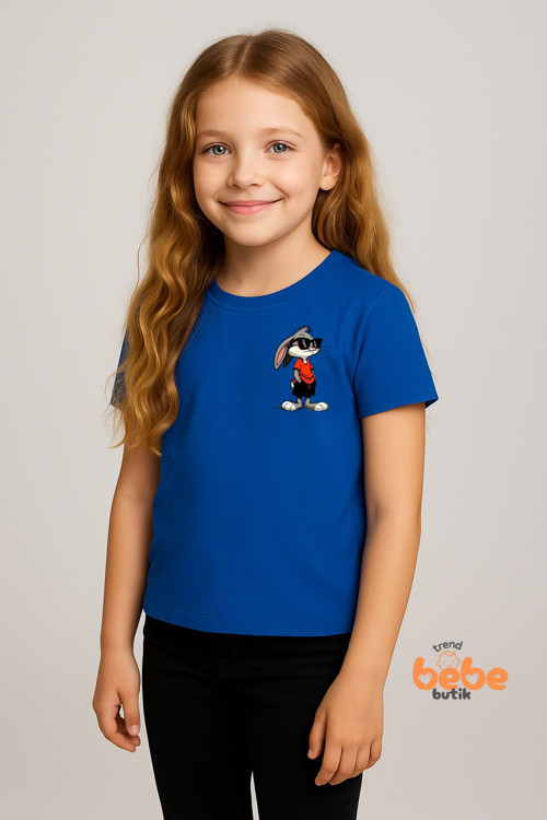 Cool Tavşan Baskılı Kız Çocuk Tişörtü (3-14 Yaş) - Pamuklu , Renk Seçenekli Yazlık Günlük Tshirt
