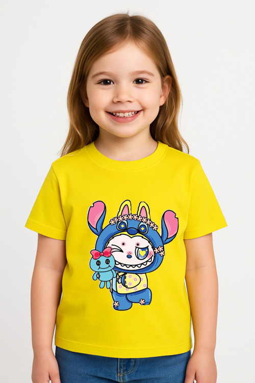 Labubu Karakter Baskılı Kız Çocuk Tişörtü – Renkli Sevimli Tasarım – Pamuklu Rahat Kalıp Günlük Tarz