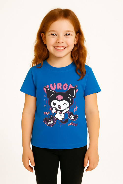 Kuromi Karakter Baskılı Kısa Kollu Kız Çocuk Tişört Moda Renkli Pamuklu Yazlık Günlük Tshirt Basic