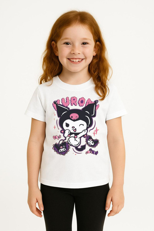 Kuromi Karakter Baskılı Kısa Kollu Kız Çocuk Tişört Moda Renkli Pamuklu Yazlık Günlük Tshirt Basic