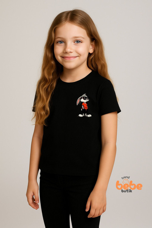 Cool Tavşan Baskılı Kız Çocuk Tişörtü (3-14 Yaş) - Pamuklu , Renk Seçenekli Yazlık Günlük Tshirt