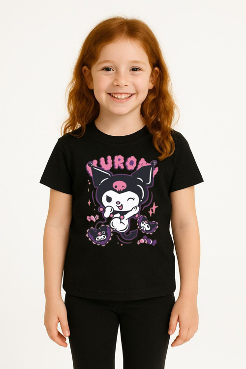 Kuromi Karakter Baskılı Kısa Kollu Kız Çocuk Tişört Moda Renkli Pamuklu Yazlık Günlük Tshirt Basic