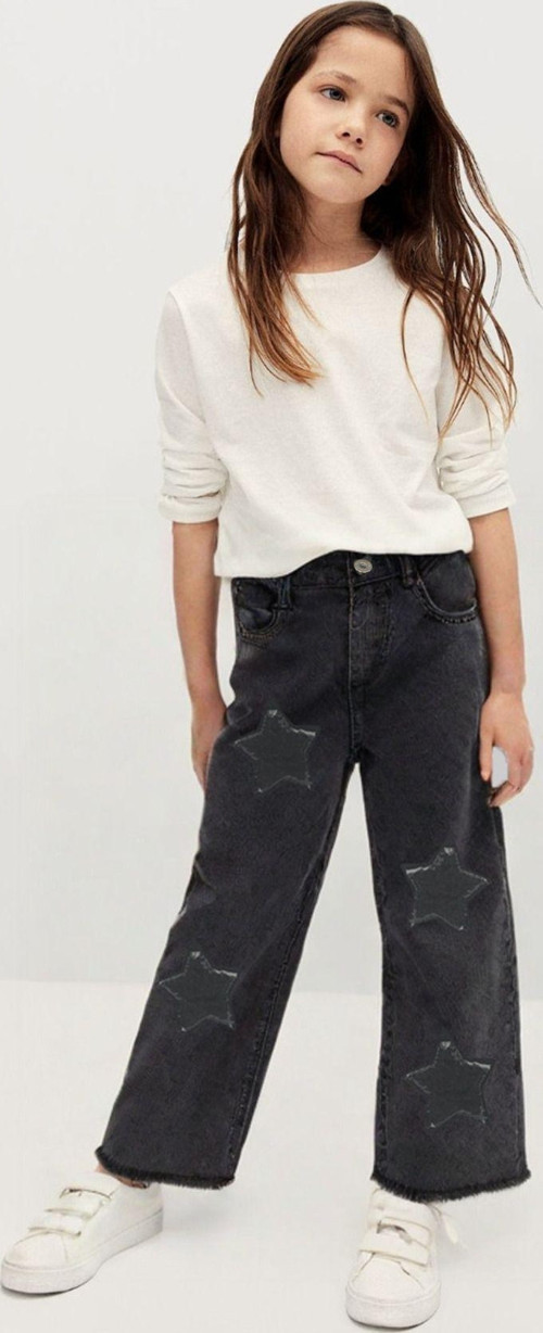 Kız Çocuk Yıldız Desen Nakışlı Cepli Pamuklu Bol Paça Denim Pantolon Bel Lastik Ayarlı Kot Pantolon