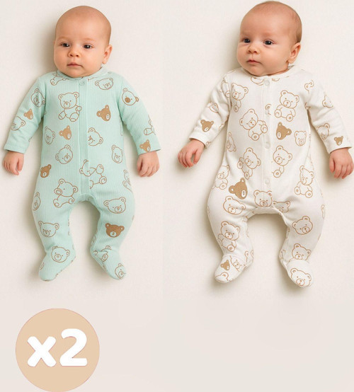 2'Li Bebek Tulum Zıbın Takımı Pamuklu Uzun Kollu Ayaklı Tulum Unisex Yenidoğan Set
