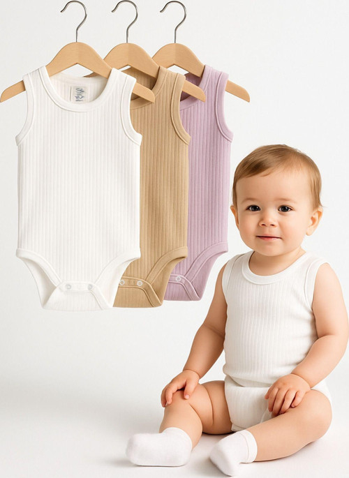 3’Lü Fitilli Beyaz-Bej-Lila Bebek Zıbın Seti %100 Pamuk Yazlık Kolsuz Çıtçıtlı Unisex Body Rahat